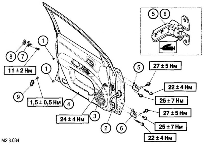 1. Демпфер; 2. Разъем проводки двери; 3. Винт…