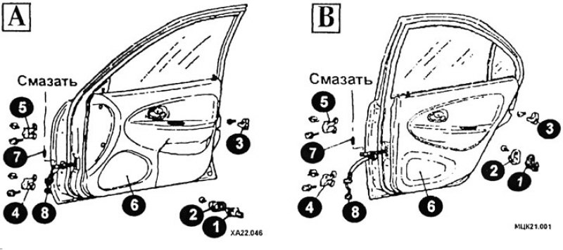 Элементы двери: А - передняя дверь; В - задняя…