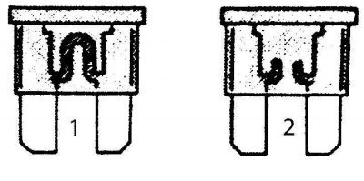 1 - Годный предохранитель; 2 - Перегоревший
