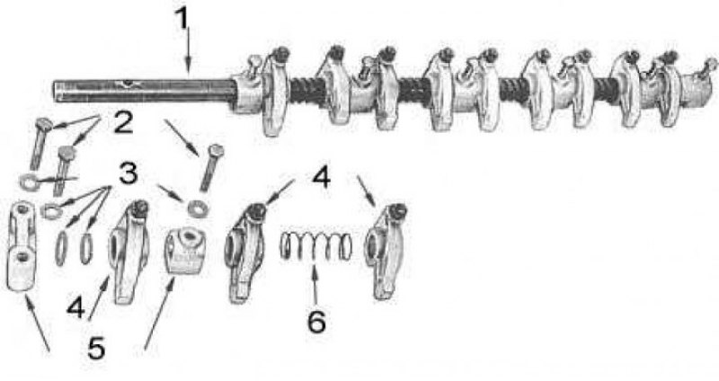 1 - сборка оси коромысел; 2 - болты; 3 - шайбы; 4…