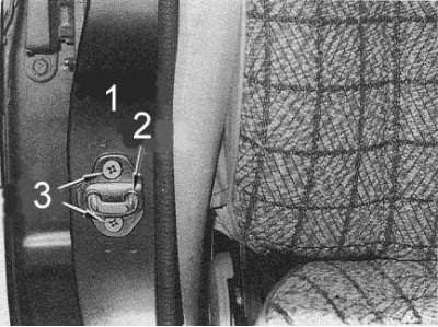 1 - дверная стойка; 2 - ударник; 3 - винты