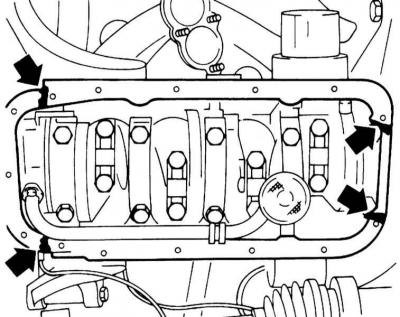 Места нанесения герметика на сопрягаемую с поддоном картера поверхность блока цилиндров
