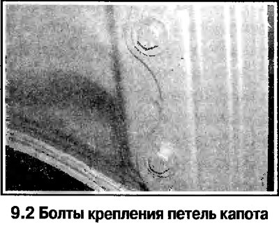 2. Обозначьте положение болтов на петлях капота…