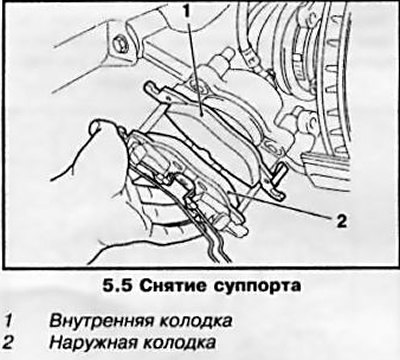 5. Выверните направляющие болты и снимите суппорт…
