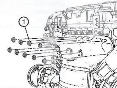 9. Отвернуть 9 гаек выпускного коллектора (1).
