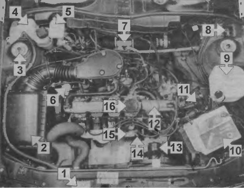 Вид моторного отделения модель 1.6 L 1989 года…
