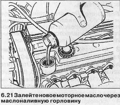22. Установите на место крышку маслозаливного отверстия и опустите автомобиль на колеса.