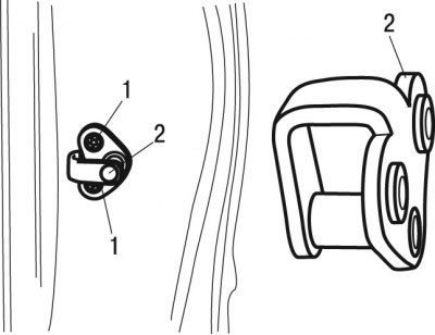 Рис. 11.34. Регулировка положения скобы замка двери: 1 - винты; 2 - скоба