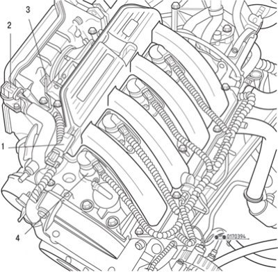Рис. 3.94. Расположение на двигателе элементов системы впрыска: 1 – датчик давления; 2 – шаговый…