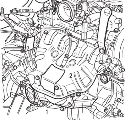 Рис. 8.4. Болты крепления экрана каталитического нейтрализатора (1) и колодка (2) проводов датчика…