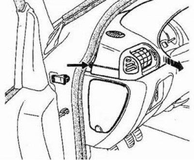 11. Отверните два боковых винта крепления верхней накладки передней панели.