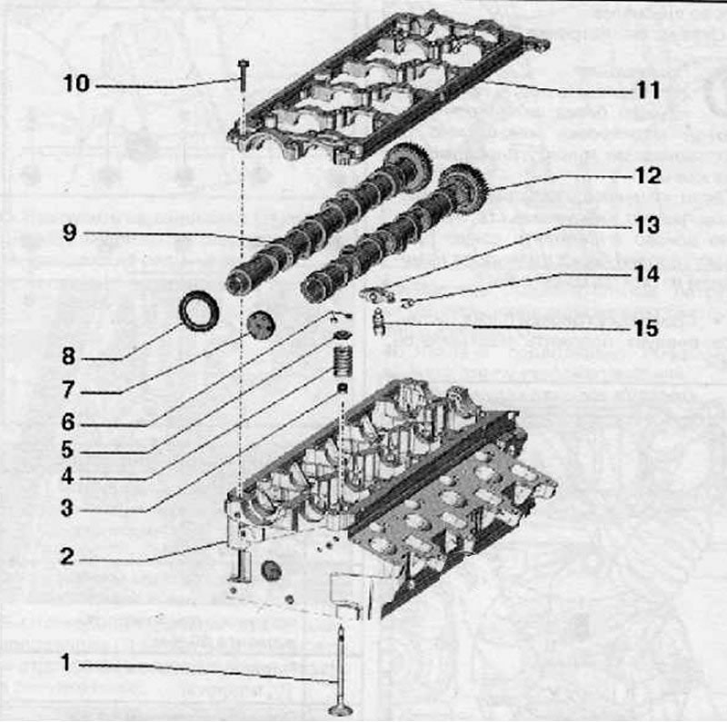1. Клапан; 2. Головка блока цилиндров в сборе; 3.…