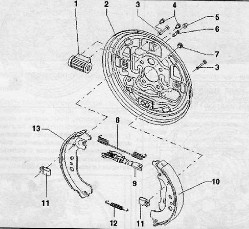 1. Рабочий тормозной цилиндр; 2. Тормозной щиток;…