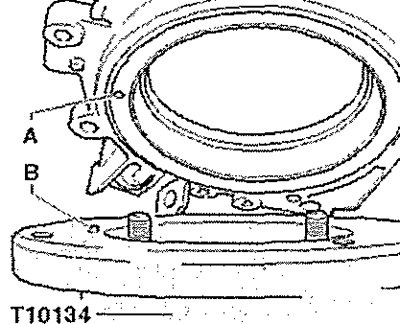 Положить крышку передней стороной на приспособление -Т10134- так, чтобы фиксирующий штифт -В- вошёл…