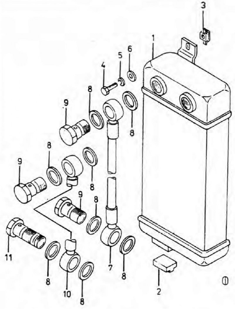Рис. 2А.5 Охладитель моторного масла и шланги: 1.…