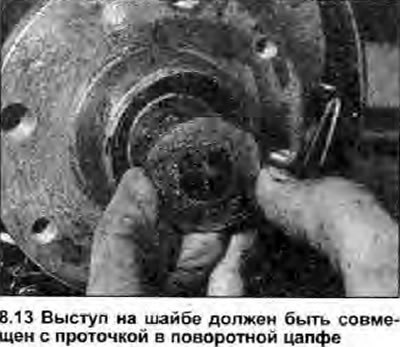 13. Установите на поворотную цапфу ступицу, шайбу…