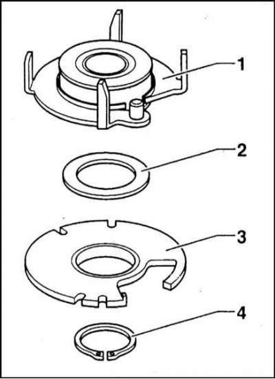 1 - Поворотная пластина; 2 - Распорная шайба; 3 - Опорная пластина; 4 - Стопорное кольцо