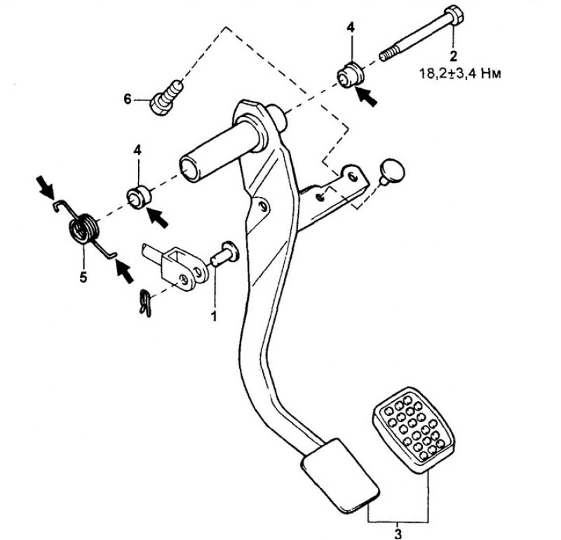 Педаль тормоза. 1 - ось вилки, 2 - ось педали, 3…
