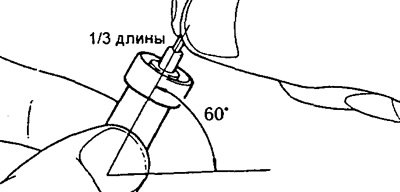 б) Наклоните корпус распылителя примерно на 60° к…