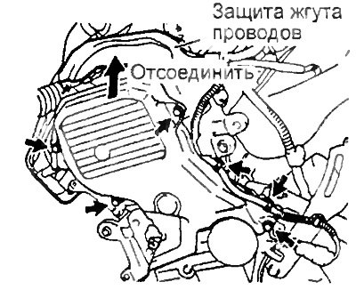 б) Отсоедините защиту жгута проводов от головки…