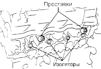 в) Снимите изоляторы и проставки с головки блока…