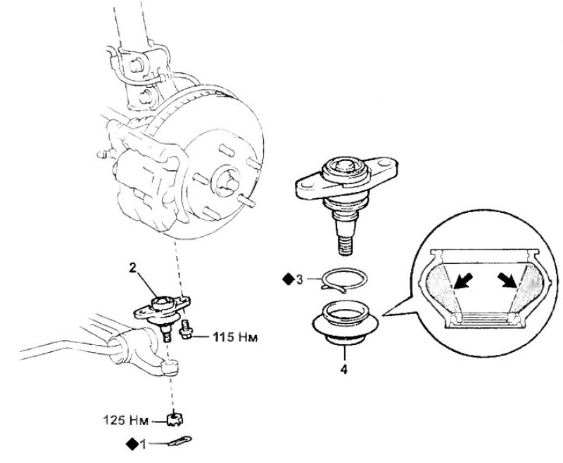 Нижняя шаровая опора. 1 - шплинт, 2 - шаровая опора, 3 - стопорное кольцо, 4 - чехол.