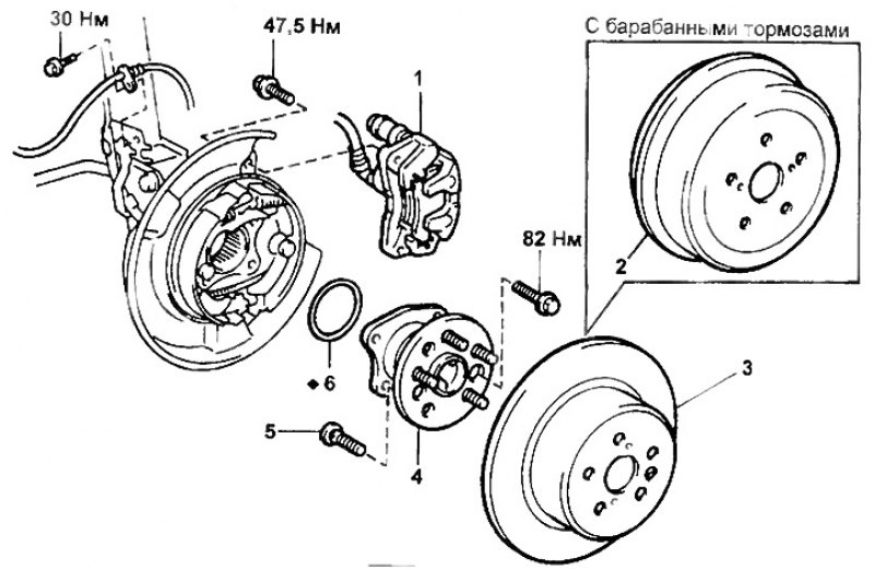 Ступица заднего колеса (модели 2WD). 1 - суппорт,…