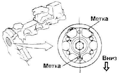 3. Установите шкив распредвала меткой вниз.