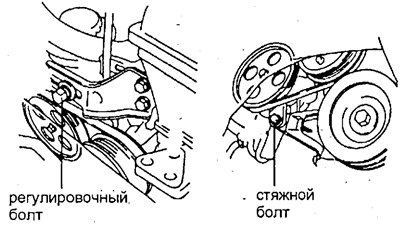 б) Отверните регулировочный болт и снимите ремень.