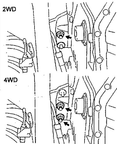 а) Отверните 1 (2WD) или 2 (4WD) гайки крепления.