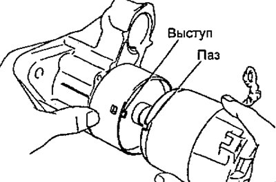 а) Совместите паз в корпусе стартера с выступом…