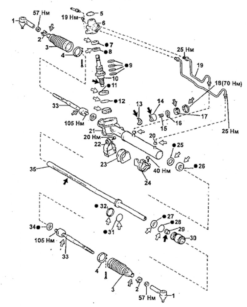 Рулевая рейка тойота схема. Рулевой механизм Toyota Tercel с гидроусилителем.
