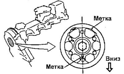 2. Установите шкив распредвала меткой вниз.