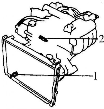 1. Сливная пробка; 2. Блок цилиндров