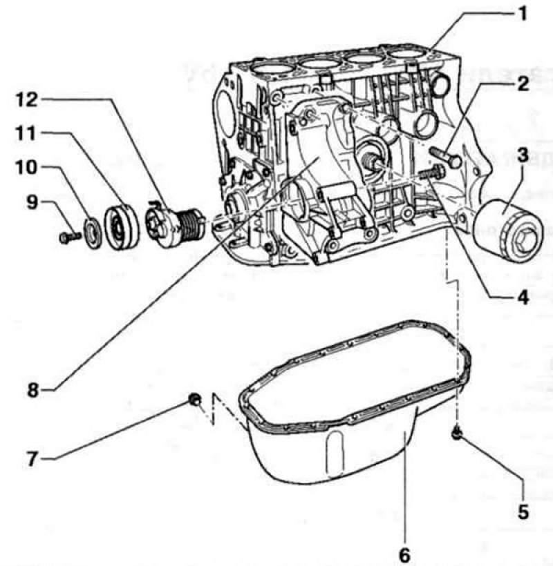 Рис. 4.2 б. Элементы двигателя: 1 - Блок цилиндров; 2, 4, 5, 9 - болты; 3 - Масляный фильтр; 6 -…