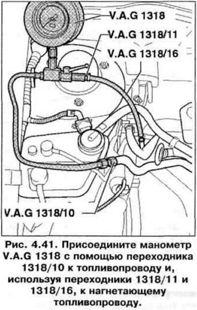 2. Присоедините манометр V.A.G 1318 с помощью…