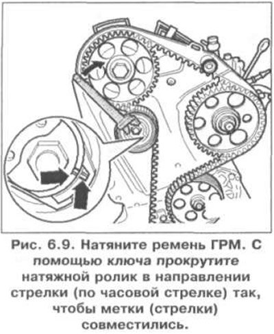 20. Натяните ремень ГРМ (рис. 6.9). С помощью…