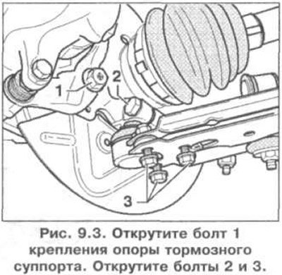 5. Открутите болт 1 крепления опоры тормозного…