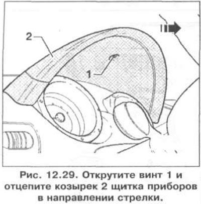 1. Открутите винт 1 и отцепите козырек 2 щитка…