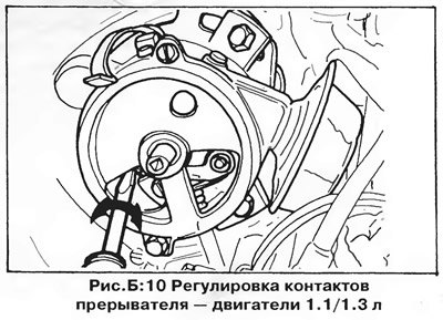 Регулировка контактов прерывателя (рис. Б:10 и…