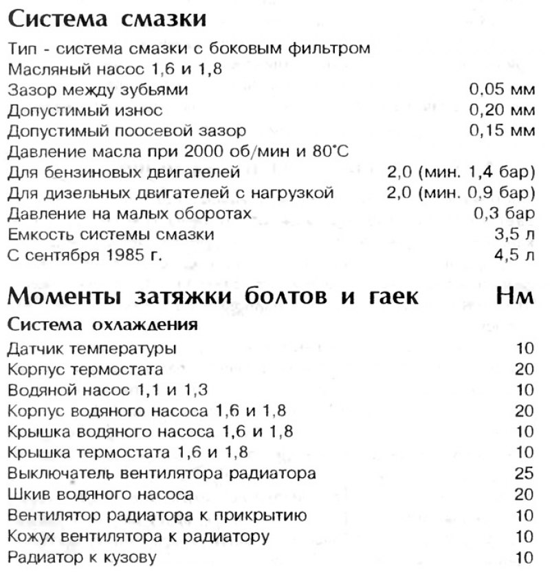 Технические данные системы охлаждения и смазки