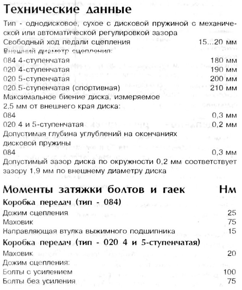 Технические данные сцепления