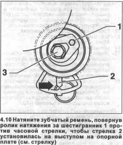10. Натяните зубчатый ремень, повернув ролик…