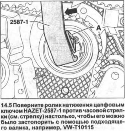 5. Поверните ролик натяжения цапфовым ключом…