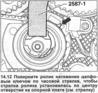 12. Поверните ролик натяжения цапфовым ключом по…