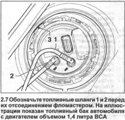 7. Обозначьте топливные шланги 1 и 2 перед их…