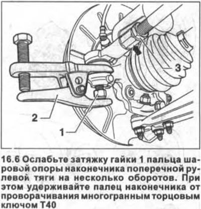 6. Ослабьте затяжку гайки 1 пальца шаровой опоры…