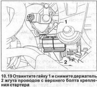 19. Отвинтите гайку 1 и снимите держатель 2 жгута…