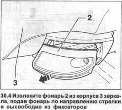 4. Извлеките фонарь 2 из корпуса 3 зеркала, подав…