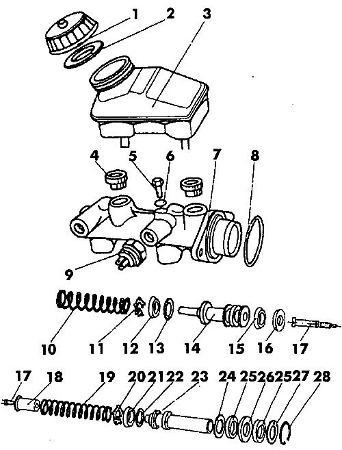 Рис. 431. Главный тормозной цилиндр: 1 - пробка…